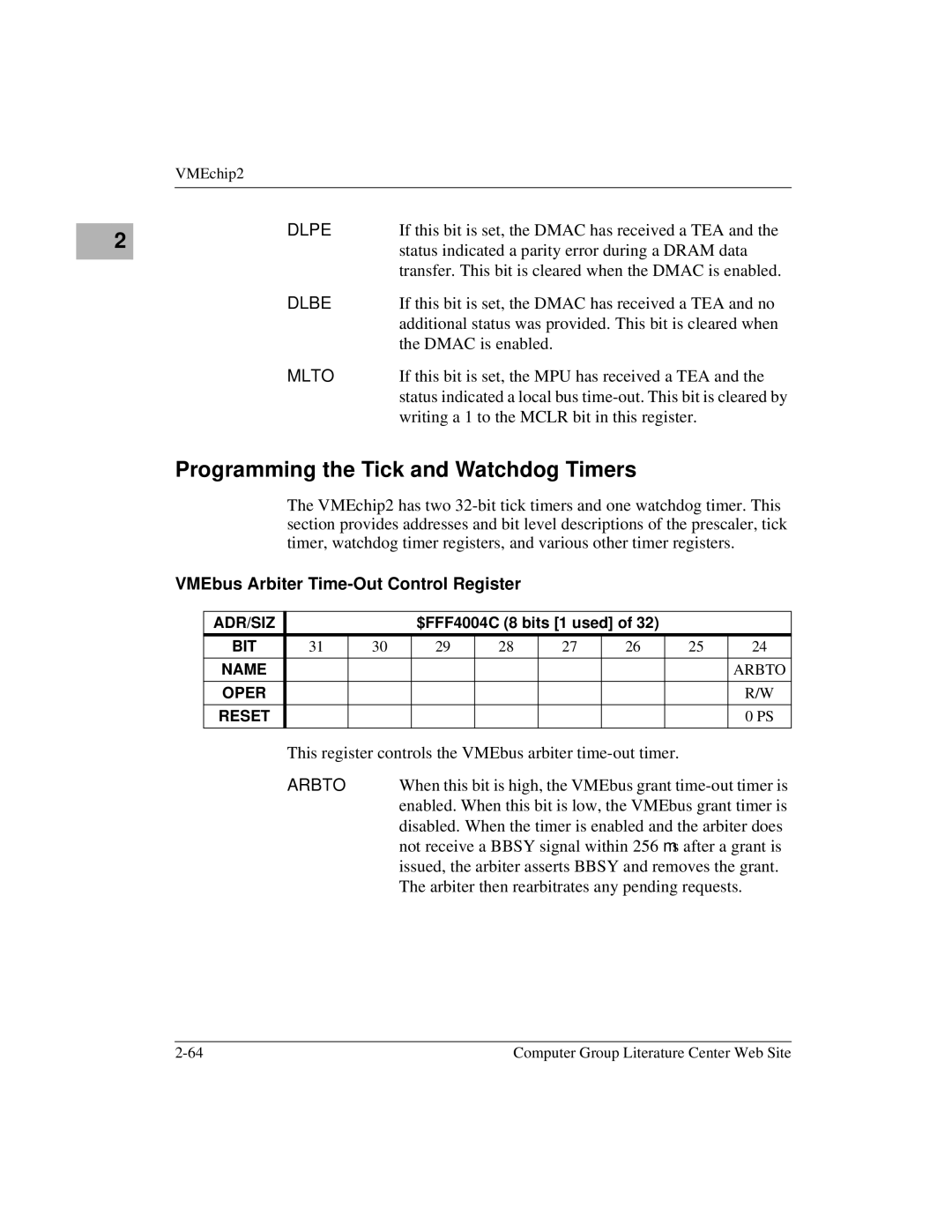 Motorola MVME1X7P manual Programming the Tick and Watchdog Timers, VMEbus Arbiter Time-Out Control Register 