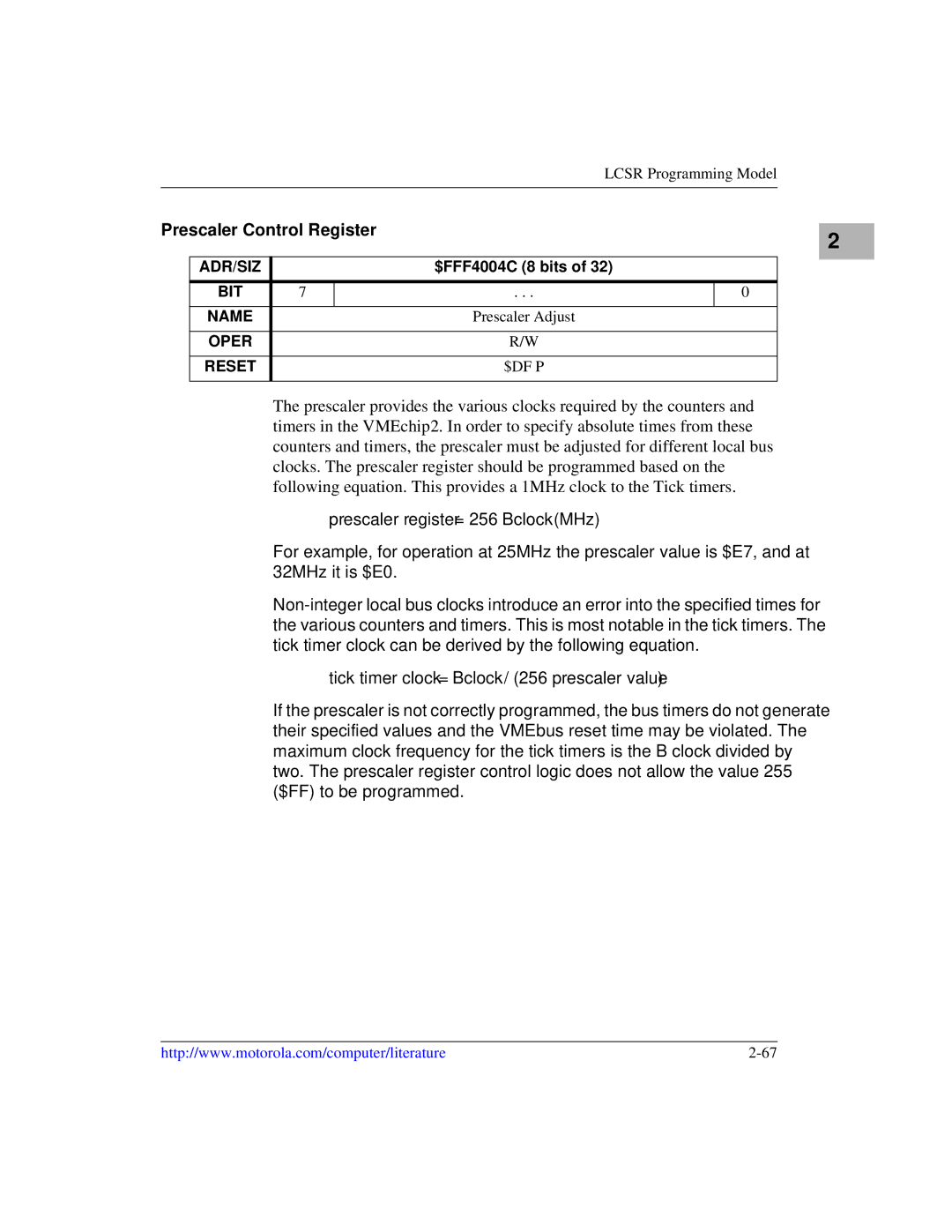 Motorola MVME1X7P manual Prescaler Control Register, Prescaler register = 256- Bclock MHz 