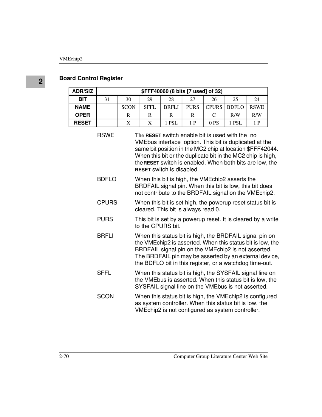 Motorola MVME1X7P manual Board Control Register 