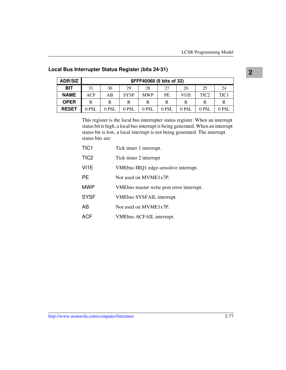 Motorola MVME1X7P manual Local Bus Interrupter Status Register bits 