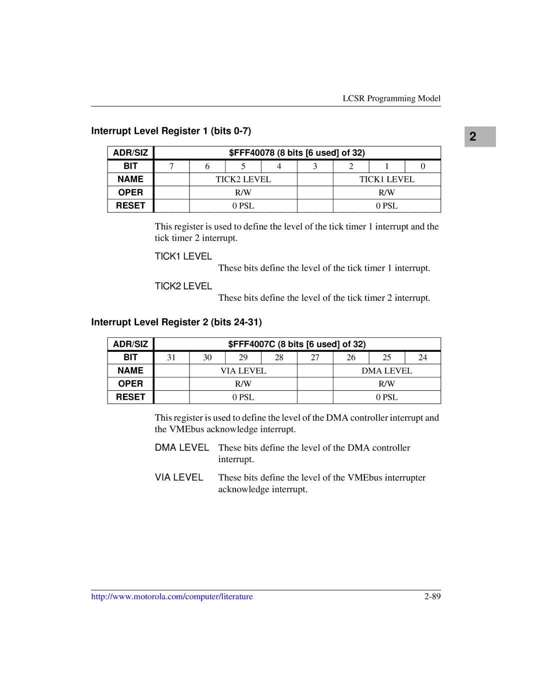 Motorola MVME1X7P manual These bits define the level of the tick timer 1 interrupt, Interrupt Level Register 2 bits 