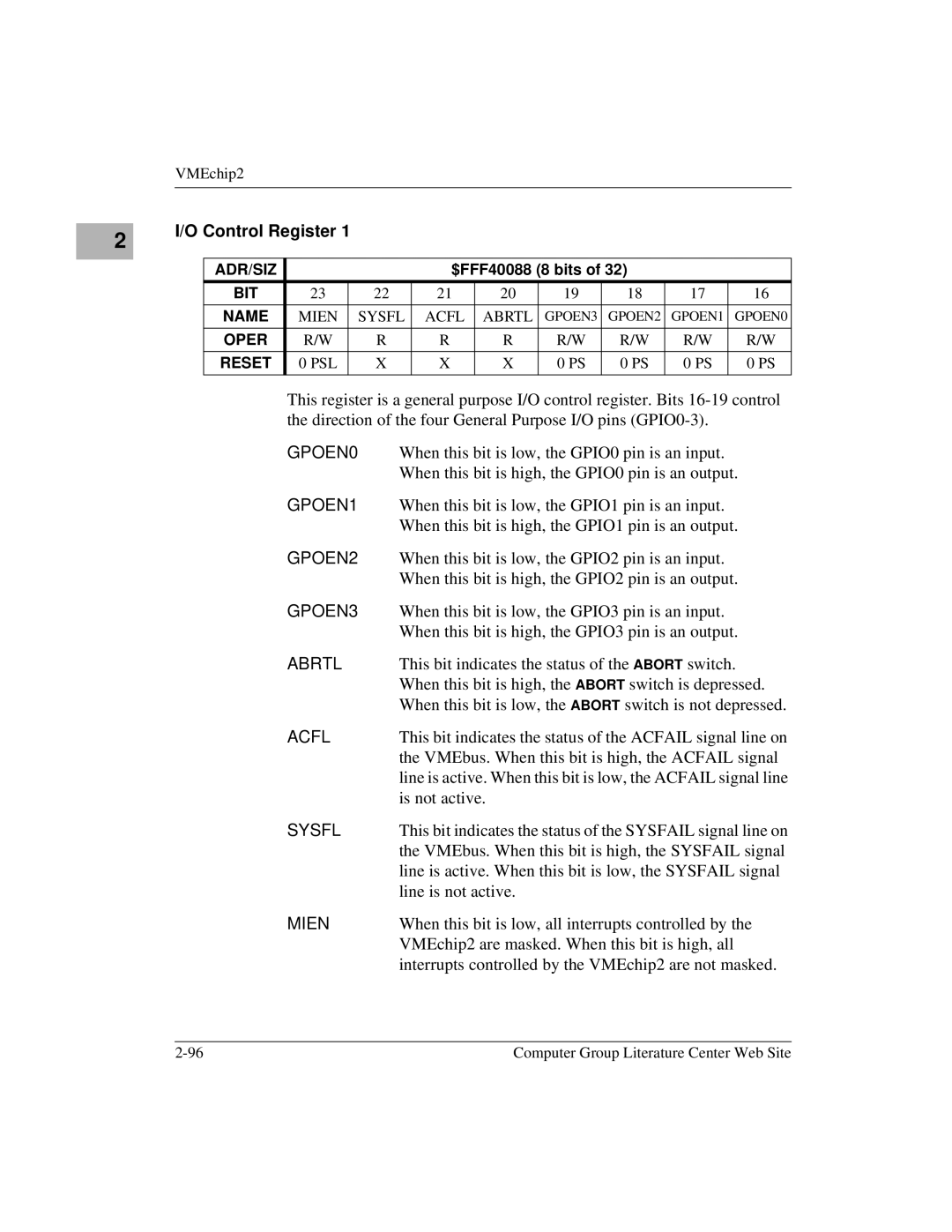 Motorola MVME1X7P manual Control Register 