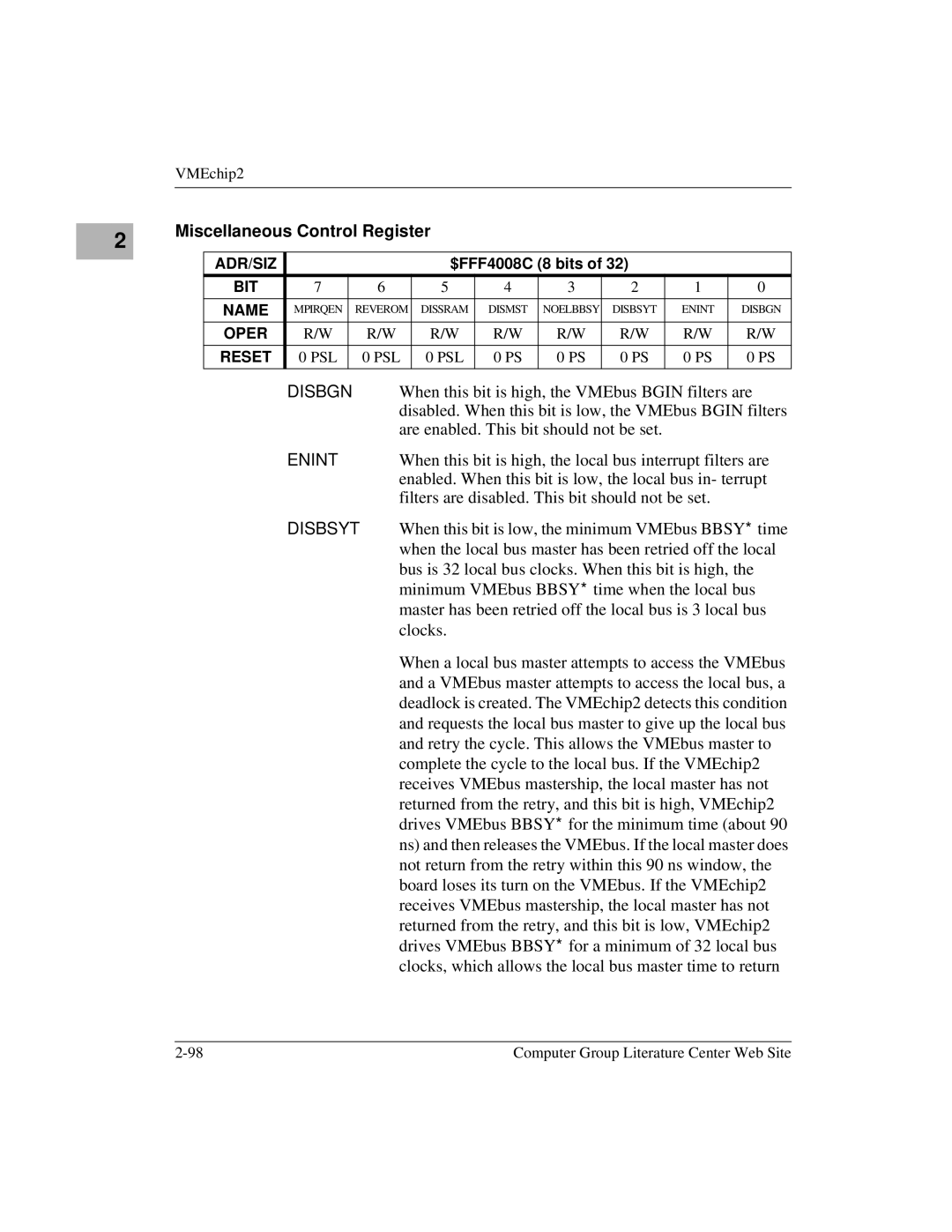 Motorola MVME1X7P manual Miscellaneous Control Register, Enint 