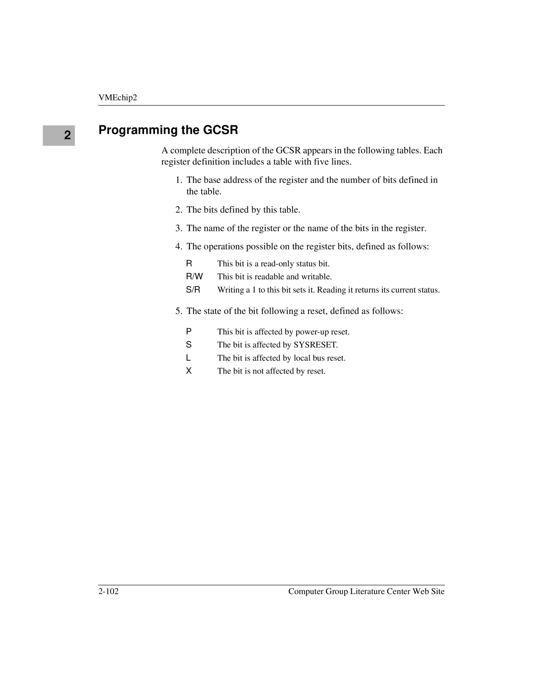 Motorola MVME1X7P manual Programming the Gcsr, State of the bit following a reset, defined as follows 