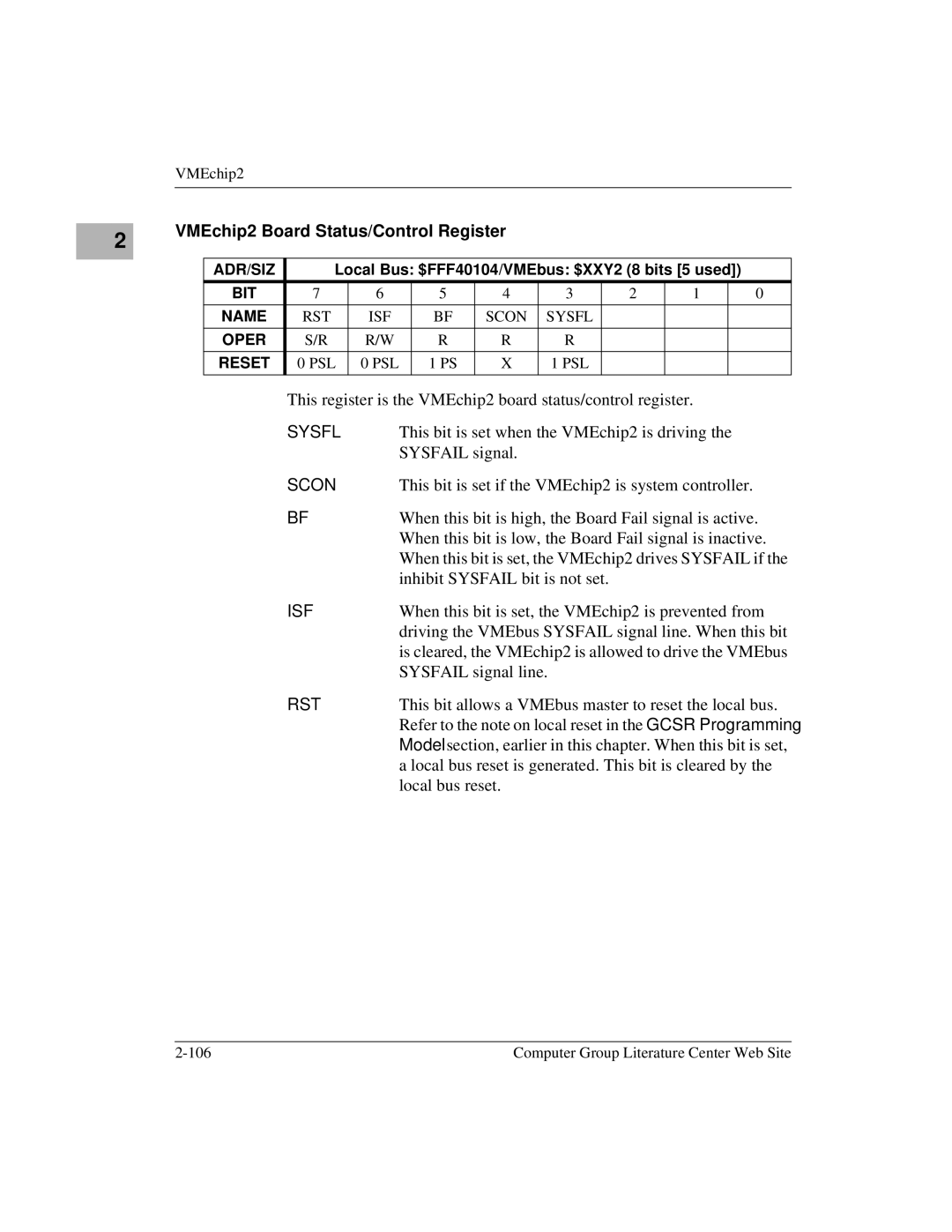 Motorola MVME1X7P manual VMEchip2 Board Status/Control Register, Isf, Rst 