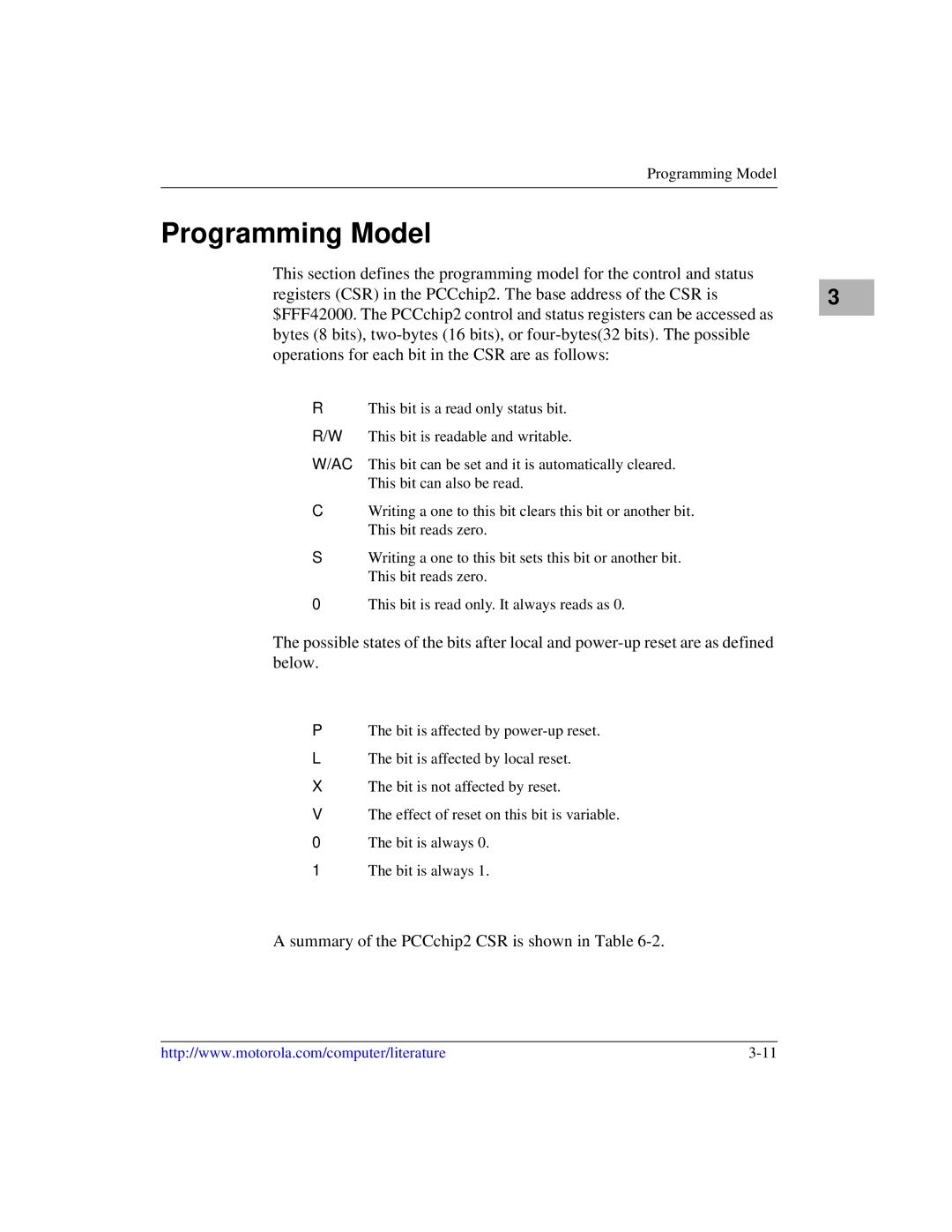 Motorola MVME1X7P manual Programming Model, Summary of the PCCchip2 CSR is shown in Table 