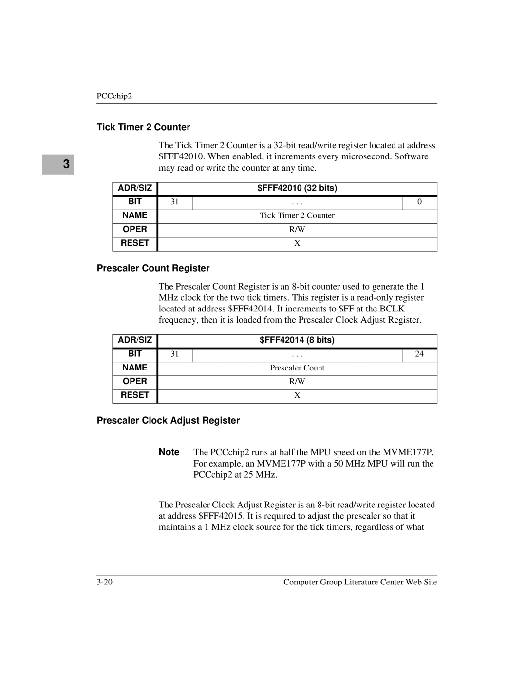 Motorola MVME1X7P manual Prescaler Count Register, Prescaler Clock Adjust Register 