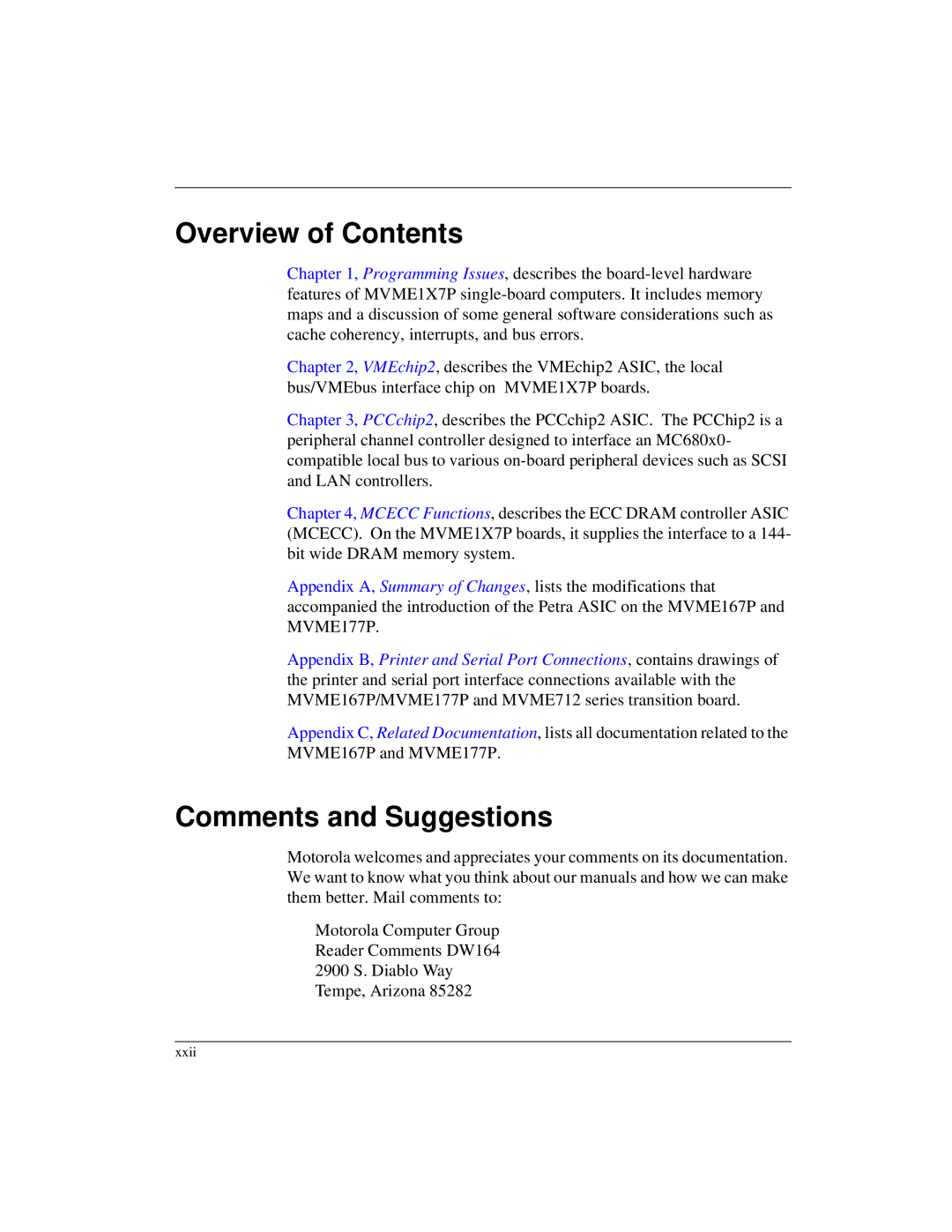 Motorola MVME1X7P manual Overview of Contents, Comments and Suggestions 