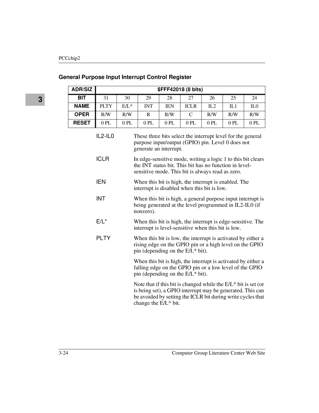 Motorola MVME1X7P manual General Purpose Input Interrupt Control Register, Iclr, Ien, Plty 