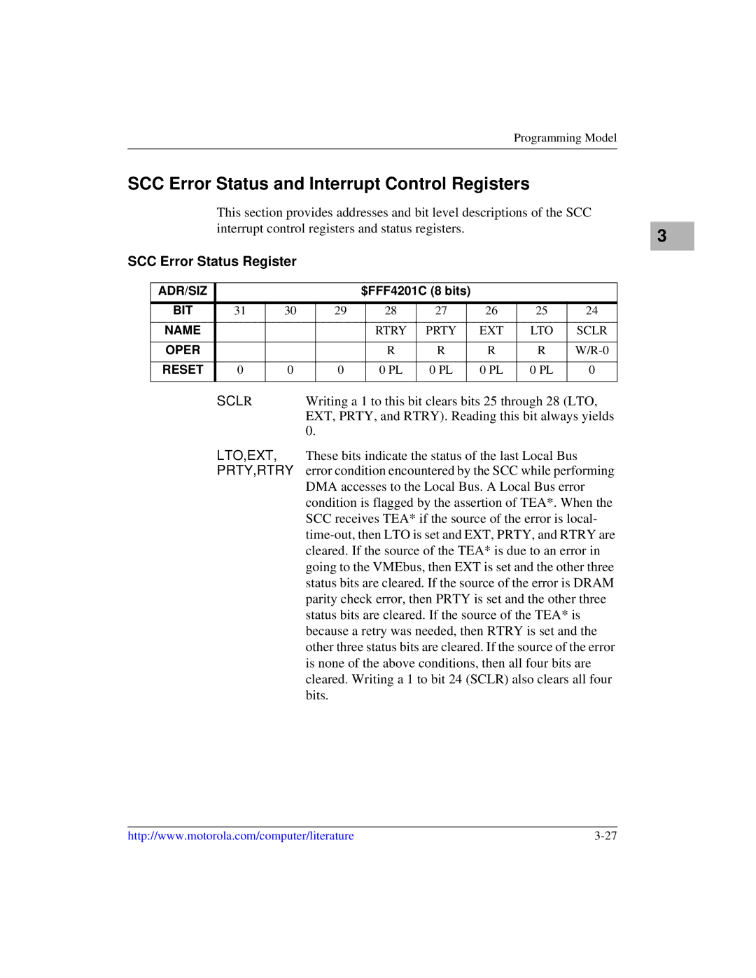 Motorola MVME1X7P manual SCC Error Status and Interrupt Control Registers, SCC Error Status Register, Scl R 