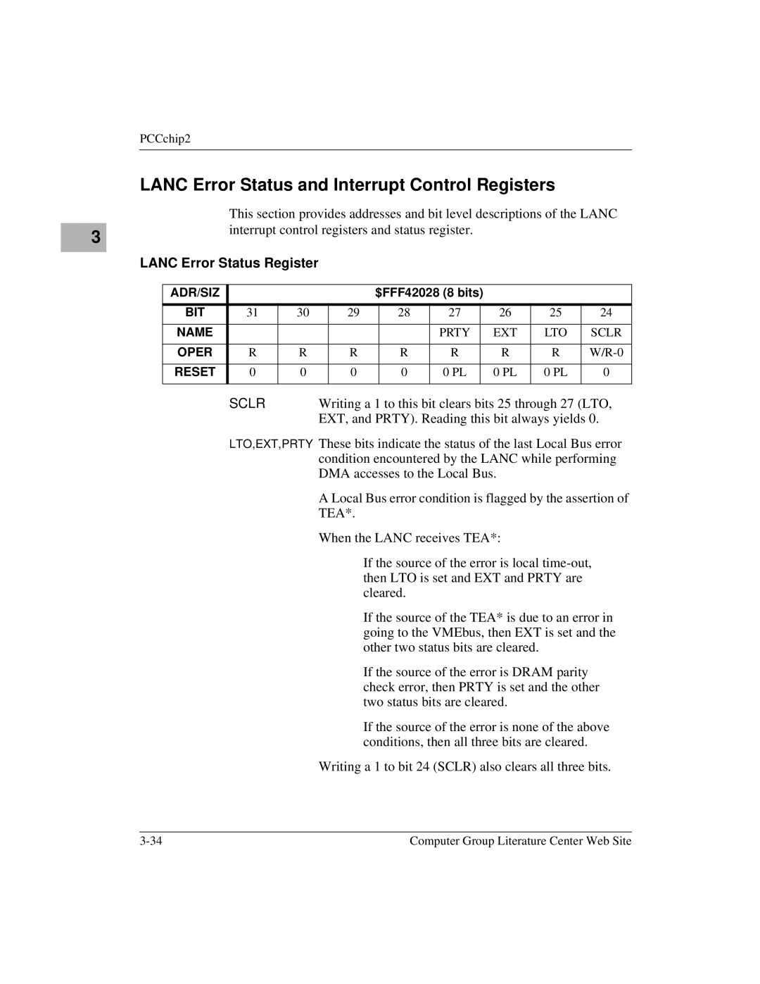 Motorola MVME1X7P manual Lanc Error Status and Interrupt Control Registers, Lanc Error Status Register, Sclr 