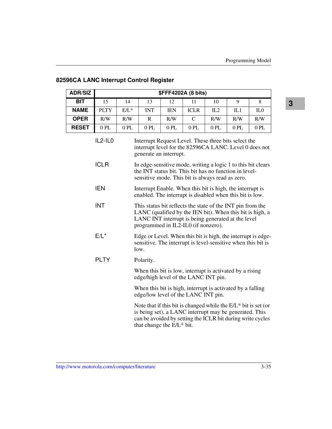 Motorola MVME1X7P manual 82596CA Lanc Interrupt Control Register, Interrupt level for the 82596CA LANC. Level 0 does not 