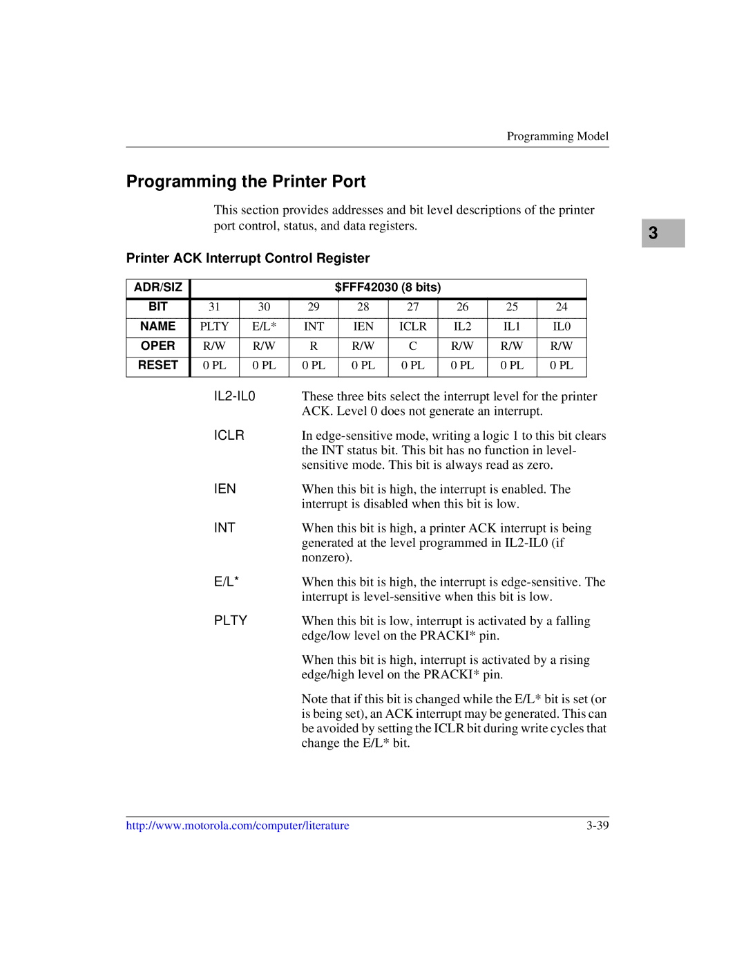 Motorola MVME1X7P manual Programming the Printer Port, Printer ACK Interrupt Control Register, IL2-IL0 
