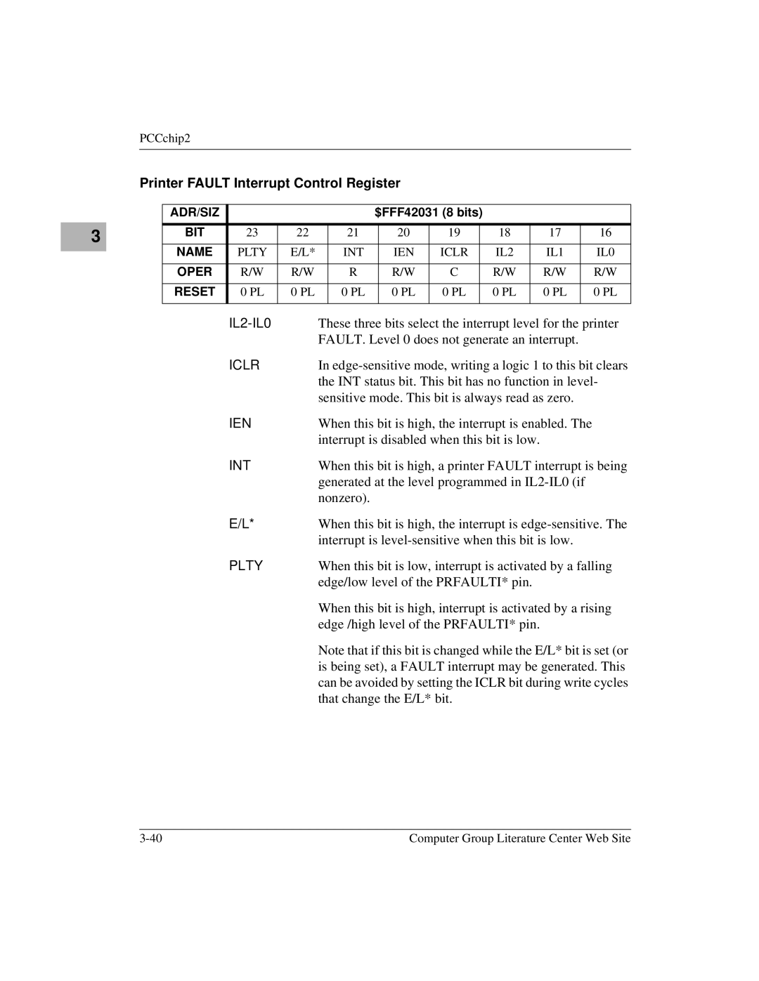 Motorola MVME1X7P manual Printer Fault Interrupt Control Register, FAULT. Level 0 does not generate an interrupt 