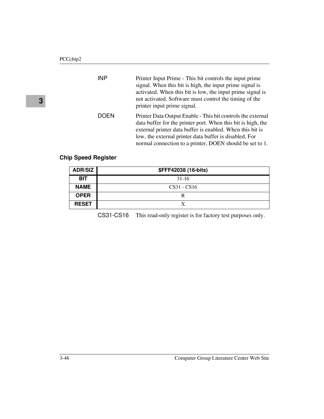 Motorola MVME1X7P manual Inp, Doen, Chip Speed Register 