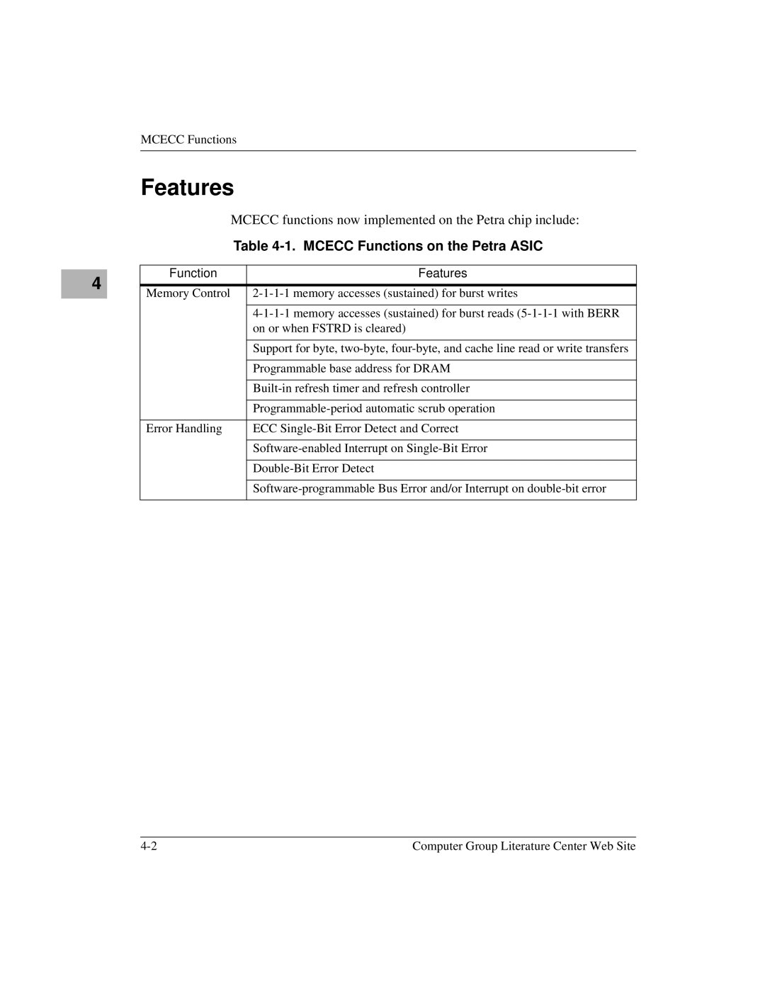 Motorola MVME1X7P Features, Mcecc functions now implemented on the Petra chip include, Mcecc Functions on the Petra Asic 