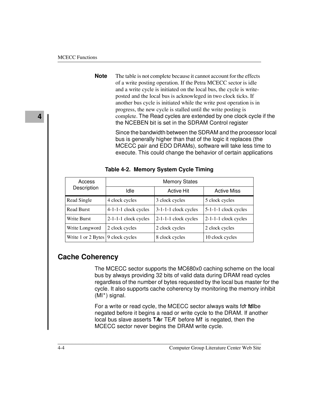 Motorola MVME1X7P manual Cache Coherency, Memory System Cycle Timing 