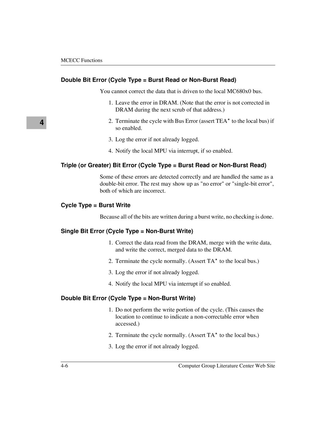 Motorola MVME1X7P manual Double Bit Error Cycle Type = Burst Read or Non-Burst Read, Cycle Type = Burst Write 