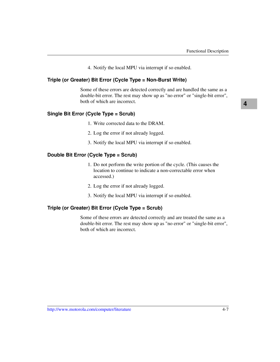 Motorola MVME1X7P manual Triple or Greater Bit Error Cycle Type = Non-Burst Write, Single Bit Error Cycle Type = Scrub 