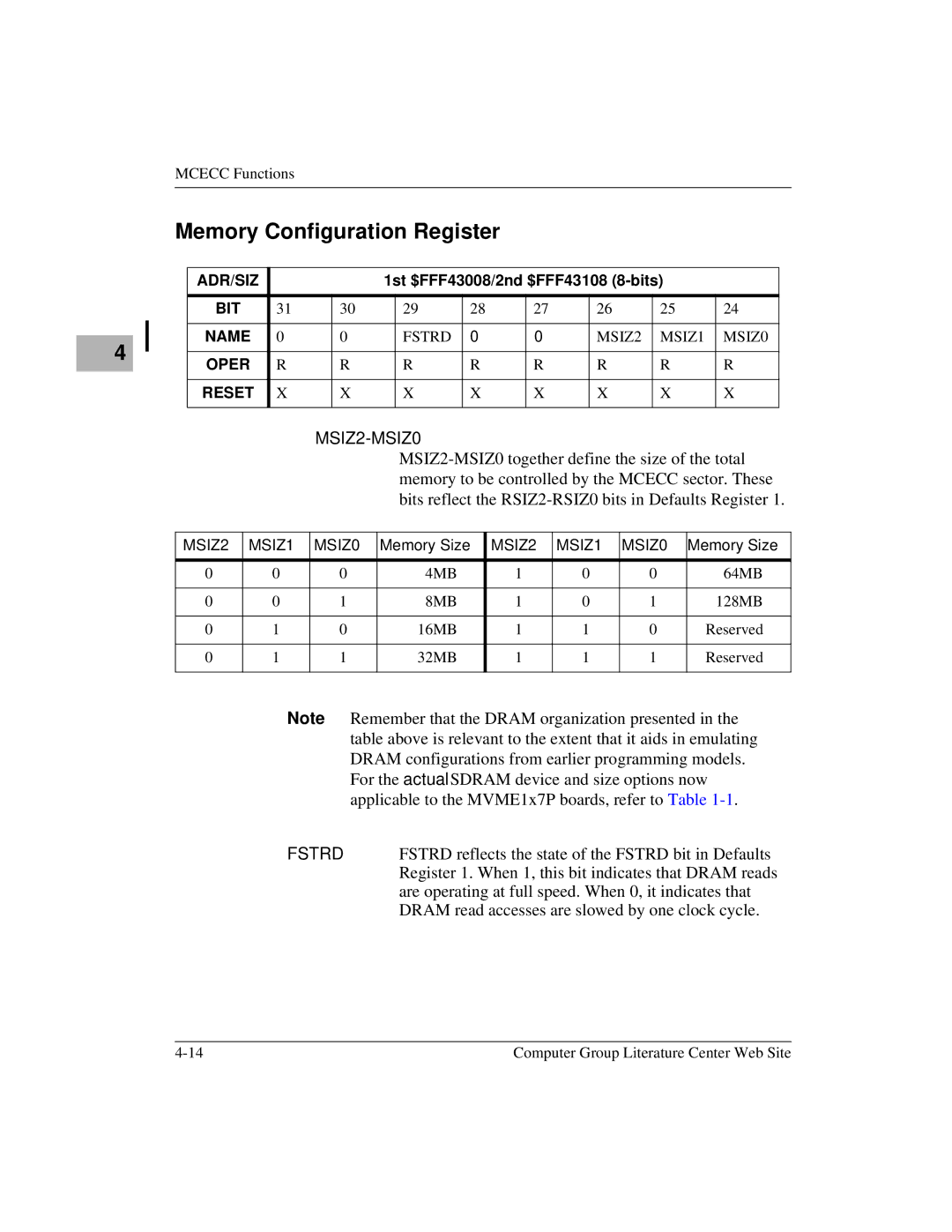 Motorola MVME1X7P manual Memory Configuration Register, MSIZ2-MSIZ0, Memory Size 