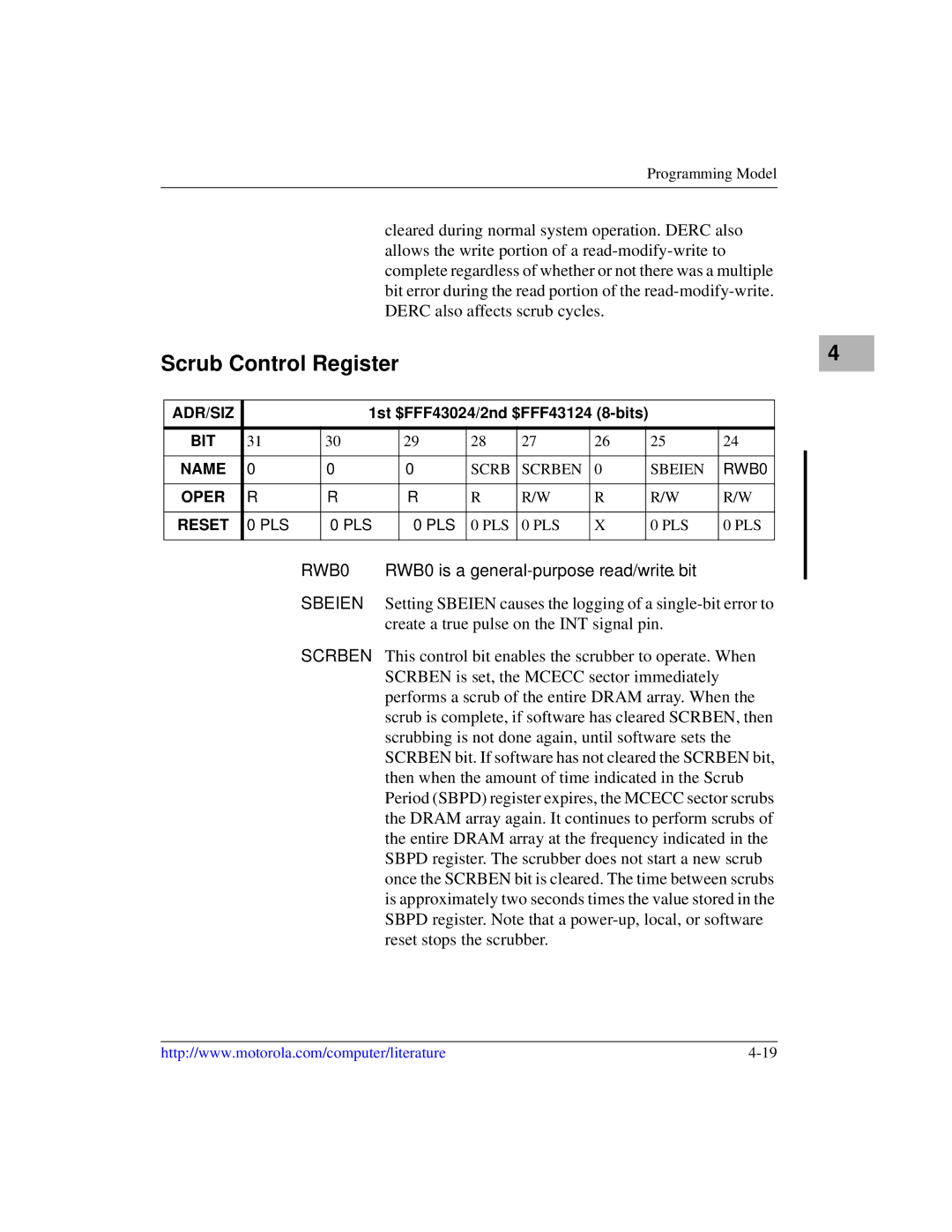 Motorola MVME1X7P manual Scrub Control Register, RWB0 RWB0 is a general-purpose read/write bit 