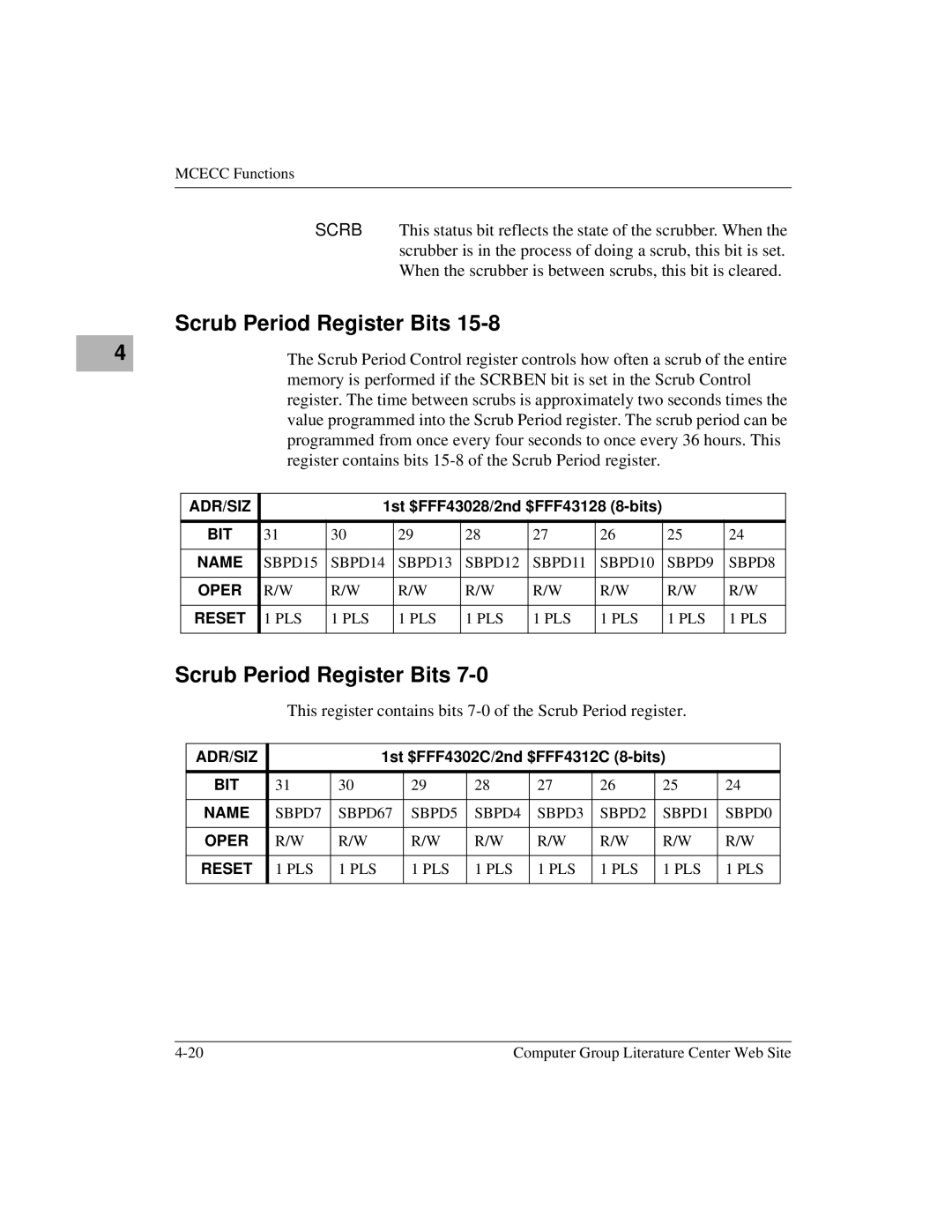 Motorola MVME1X7P manual Scrub Period Register Bits, This register contains bits 7-0 of the Scrub Period register 