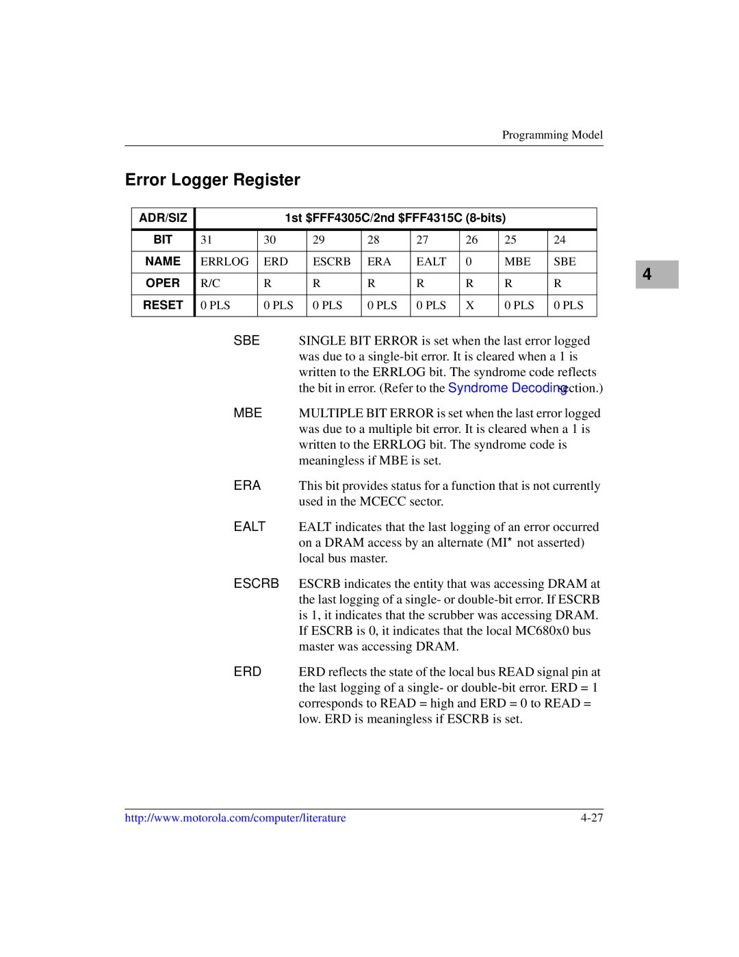 Motorola MVME1X7P manual Error Logger Register 