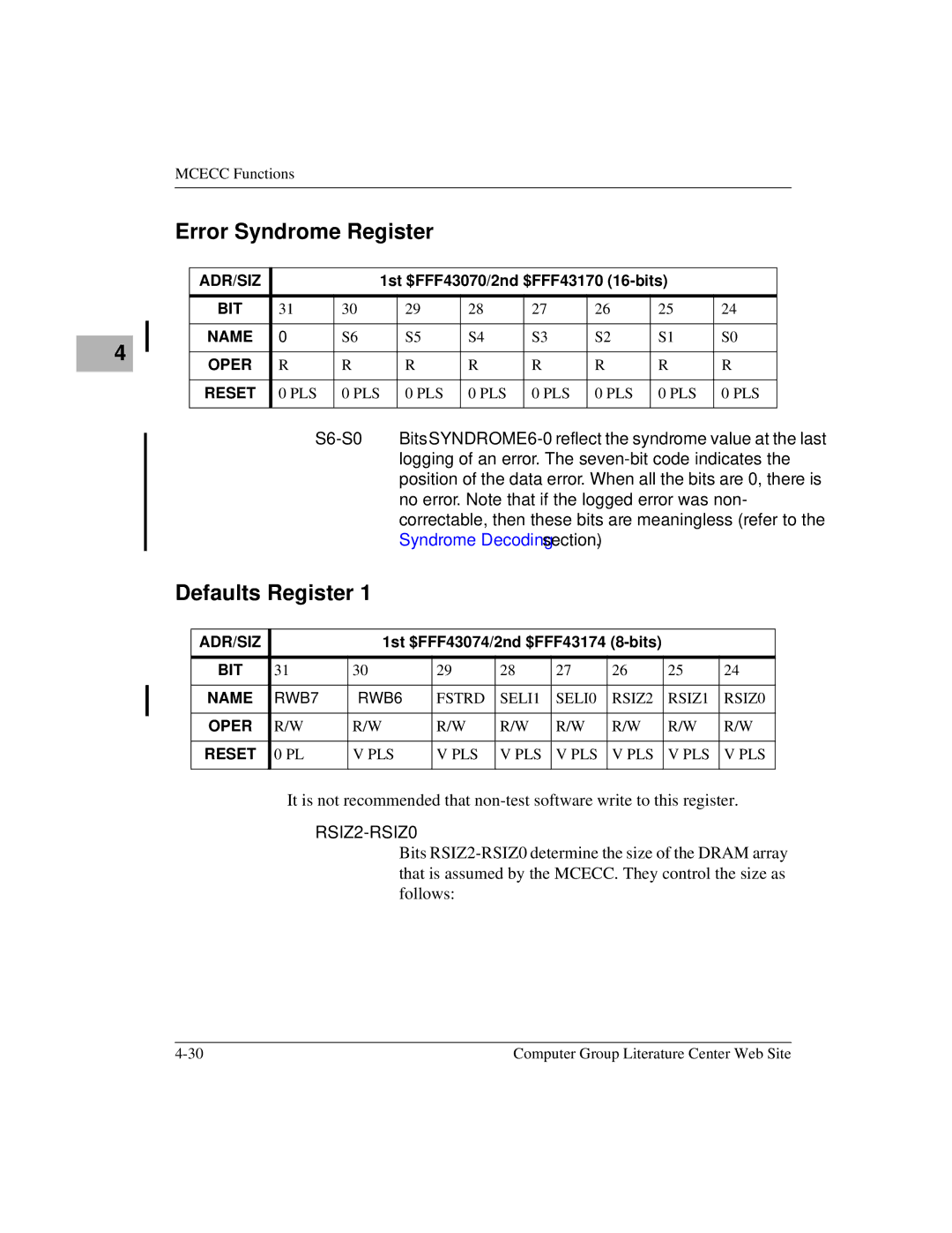 Motorola MVME1X7P manual Error Syndrome Register, Defaults Register, RSIZ2-RSIZ0 