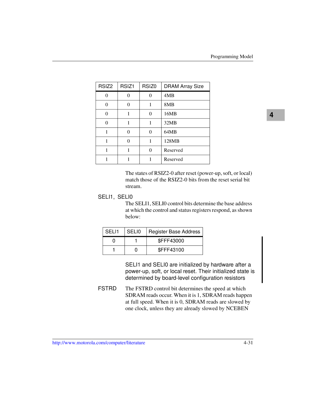 Motorola MVME1X7P manual SELI1, SELI0, Dram Array Size 