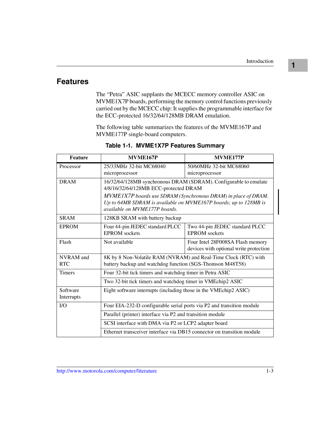 Motorola manual MVME1X7P Features Summary 