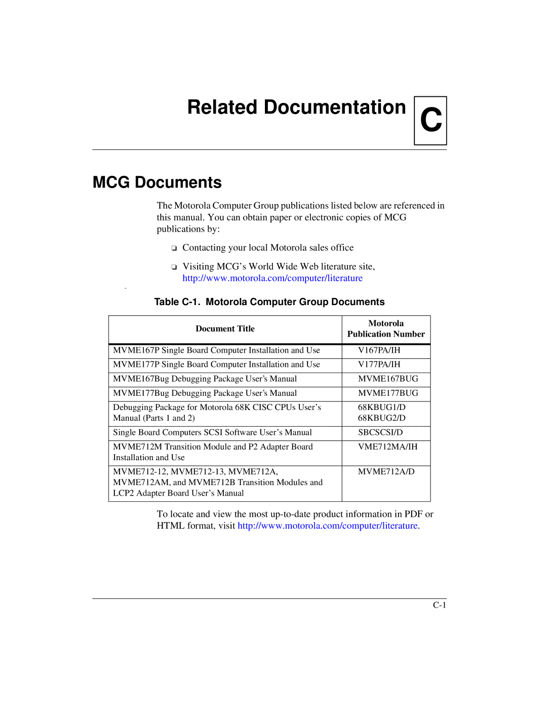 Motorola MVME1X7P MCG Documents, Table C-1. Motorola Computer Group Documents, Document Title Motorola Publication Number 