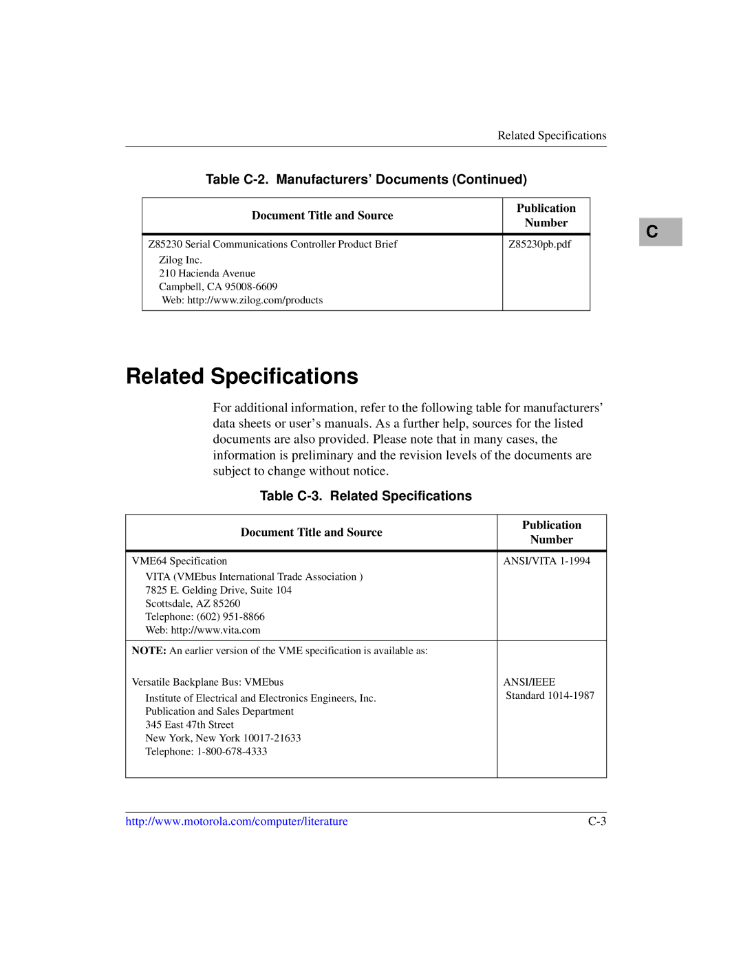 Motorola MVME1X7P manual Table C-3. Related Specifications, Publication Document Title and Source Number 