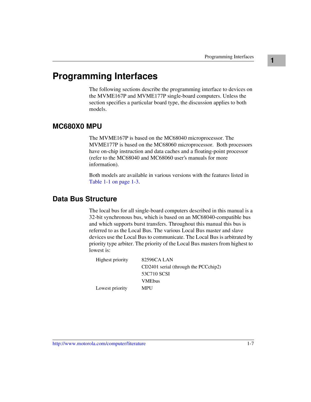 Motorola MVME1X7P manual Programming Interfaces, Data Bus Structure 