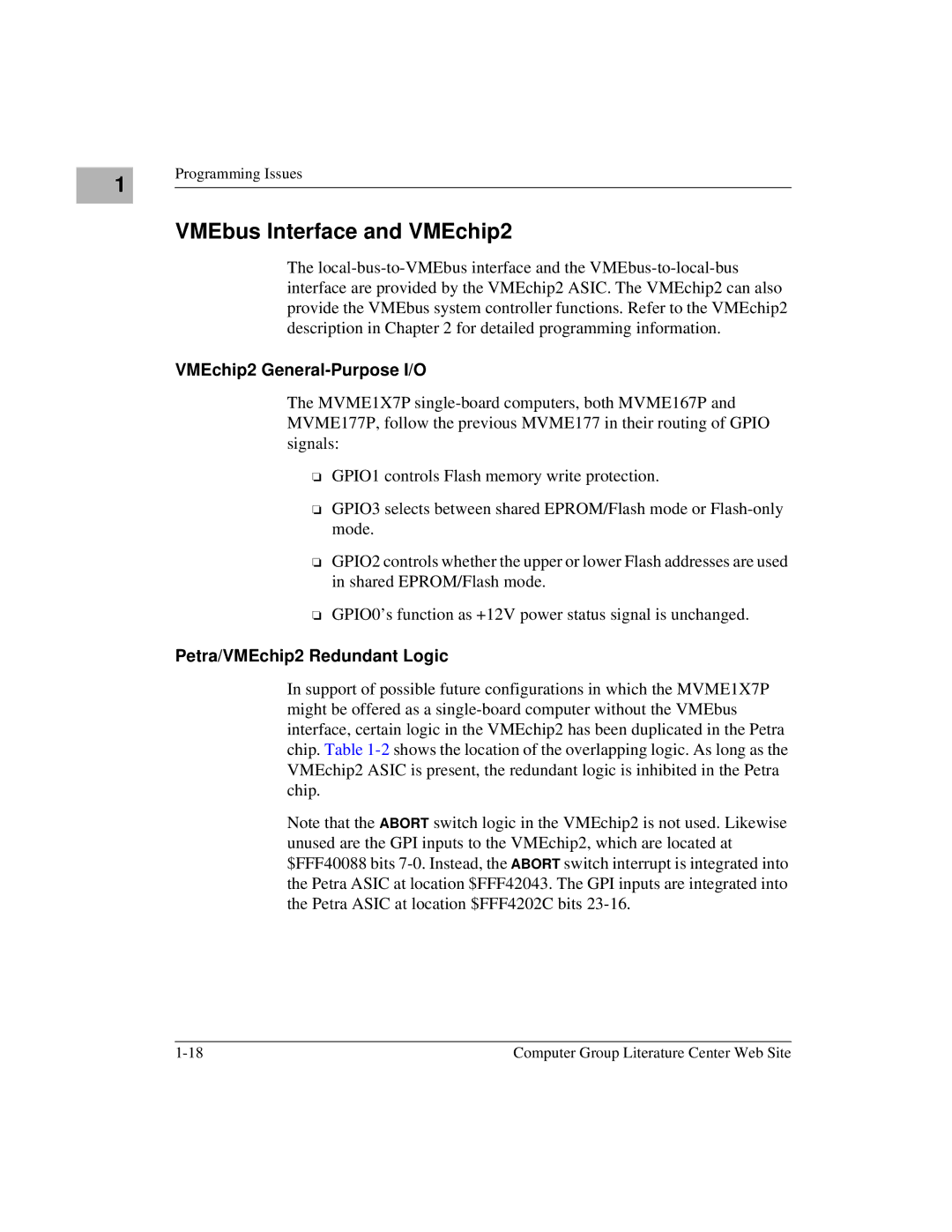 Motorola MVME1X7P manual VMEbus Interface and VMEchip2, VMEchip2 General-Purpose I/O, Petra/VMEchip2 Redundant Logic 