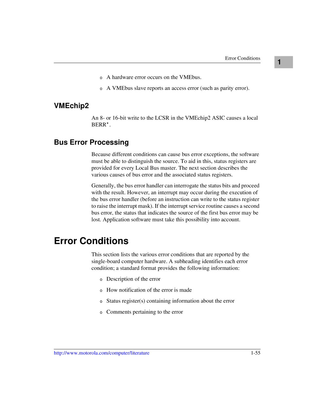 Motorola MVME1X7P manual Error Conditions, VMEchip2, Bus Error Processing 