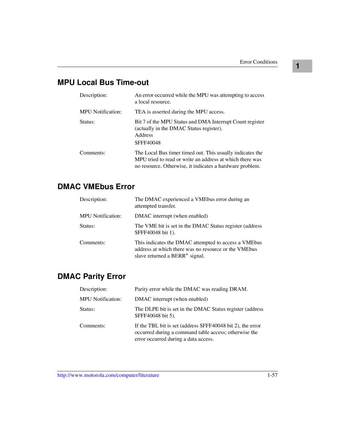 Motorola MVME1X7P manual MPU Local Bus Time-out, Dmac VMEbus Error, Dmac Parity Error 