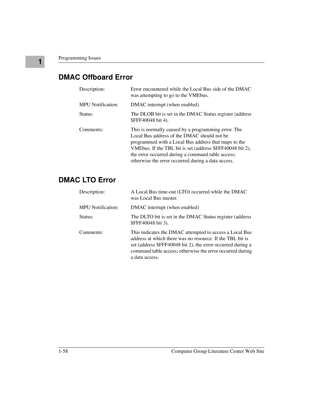 Motorola MVME1X7P manual Dmac Offboard Error, Dmac LTO Error 