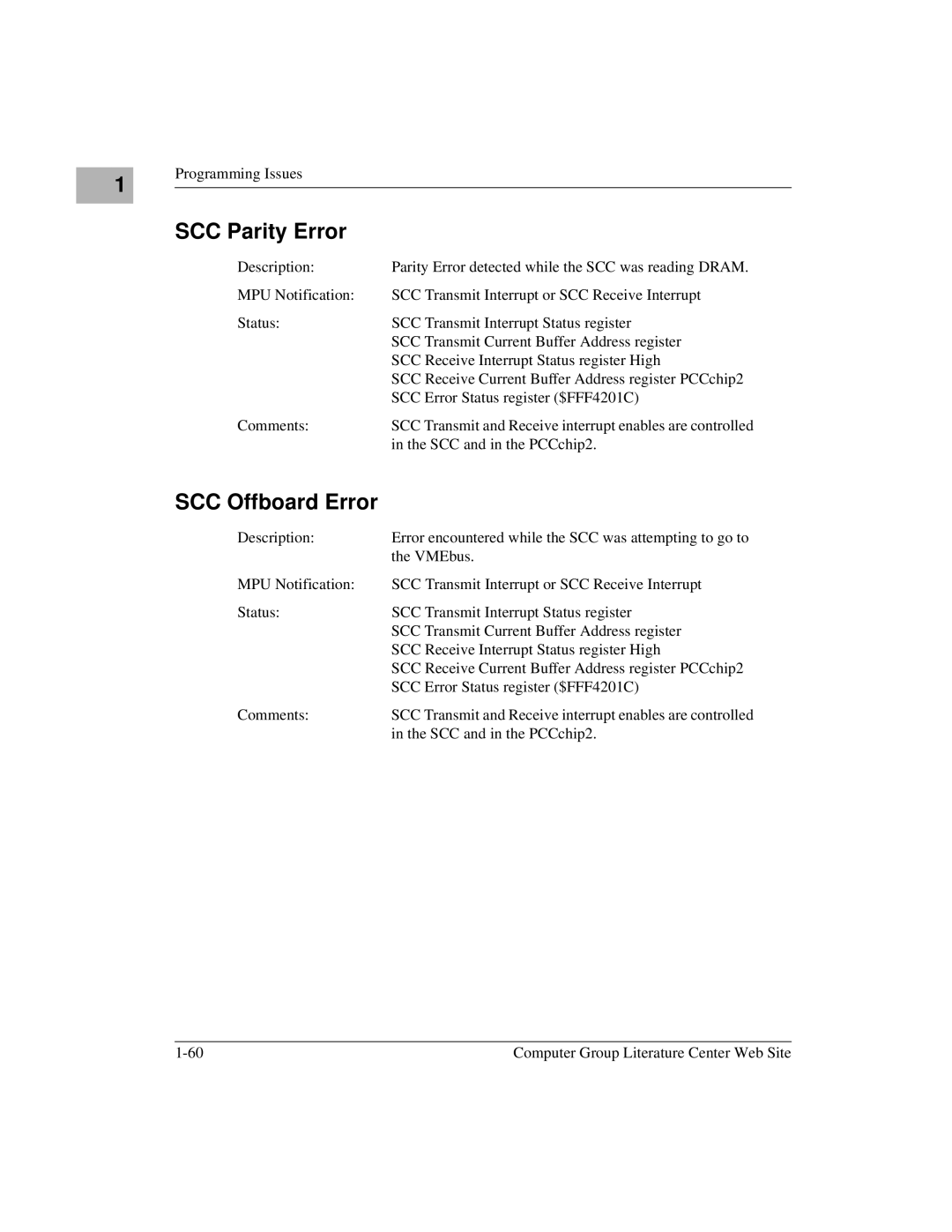 Motorola MVME1X7P manual SCC Parity Error, SCC Offboard Error 