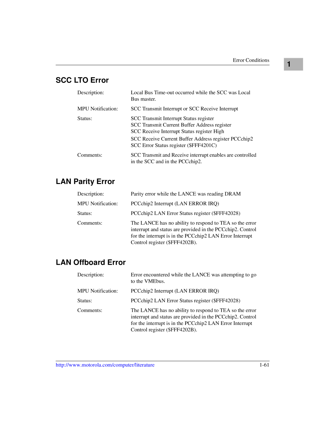 Motorola MVME1X7P manual SCC LTO Error, LAN Parity Error, LAN Offboard Error 