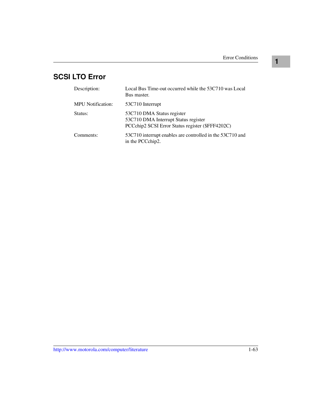 Motorola MVME1X7P manual Scsi LTO Error 