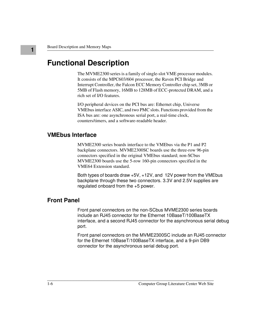 Motorola MVME2300 Series manual Functional Description, VMEbus Interface, Front Panel 