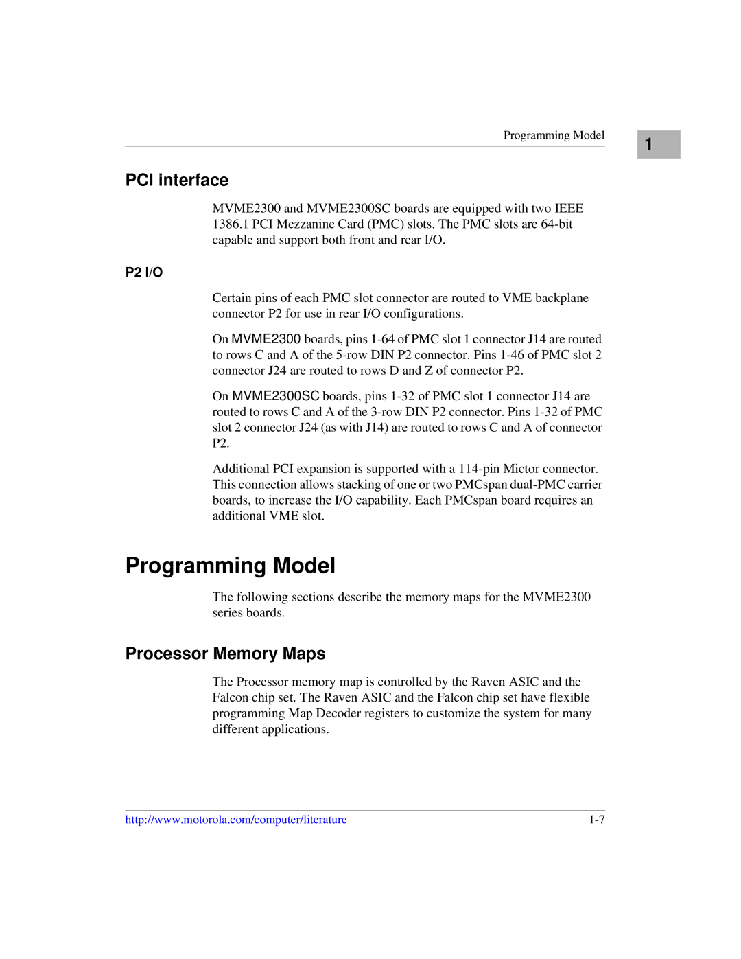 Motorola MVME2300 Series manual Programming Model, PCI interface, Processor Memory Maps, P2 I/O 