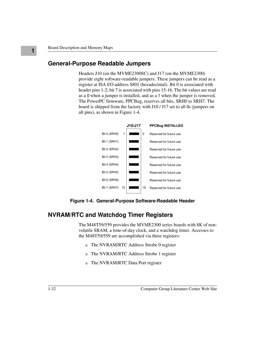 Motorola MVME2300 Series manual General-Purpose Readable Jumpers, NVRAM/RTC and Watchdog Timer Registers 