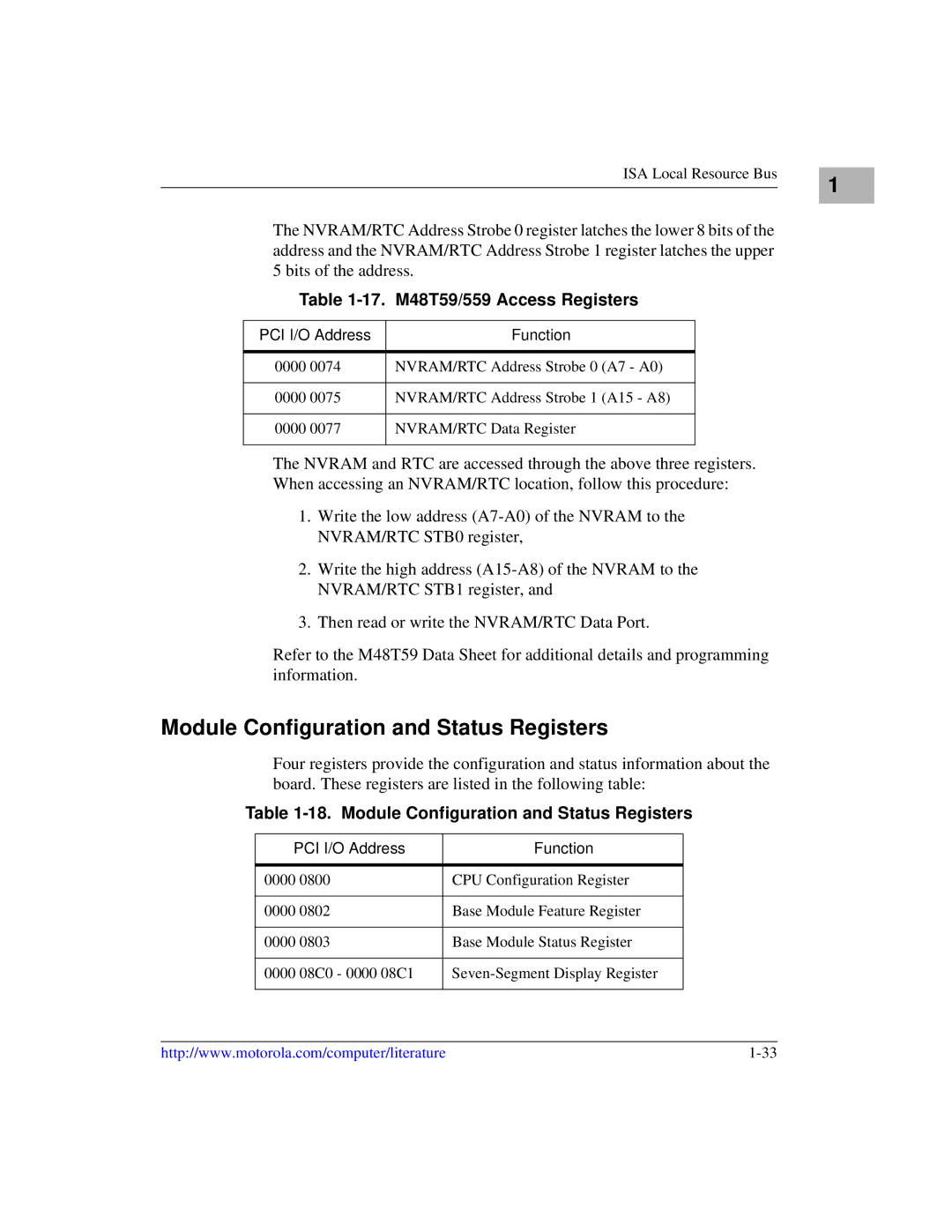 Motorola MVME2300 Series manual Module Configuration and Status Registers, 17. M48T59/559 Access Registers 