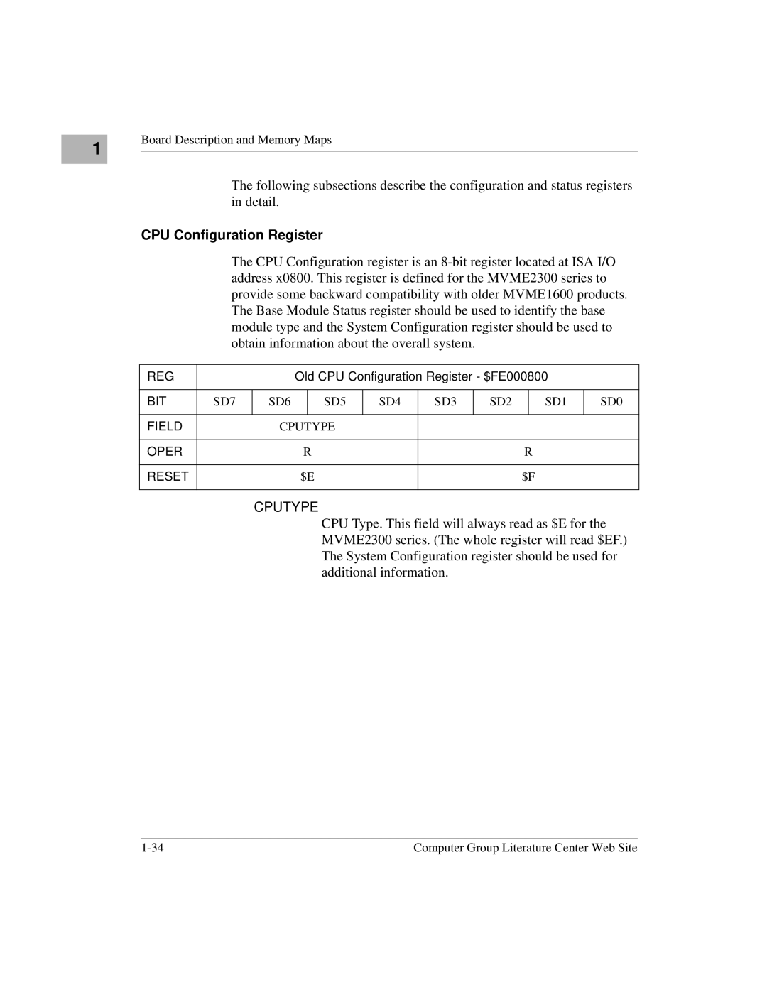 Motorola MVME2300 Series manual Cputype, Old CPU Configuration Register $FE000800, SD7 SD6 SD5 SD4 SD3 SD2 SD1 SD0 