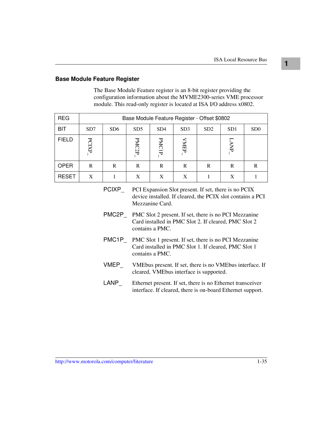 Motorola MVME2300 Series manual Base Module Feature Register Offset $0802, Pcixp PMC2P PMC1P Vmep Lanp 