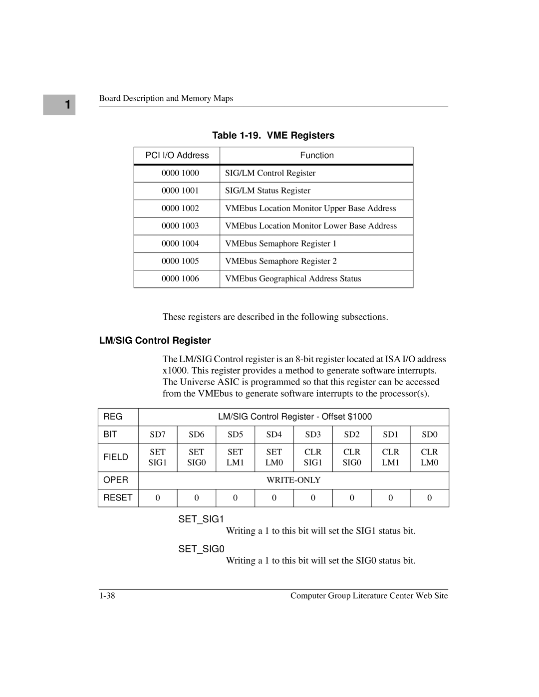 Motorola MVME2300 Series manual VME Registers, SETSIG1, SETSIG0, LM/SIG Control Register Offset $1000 