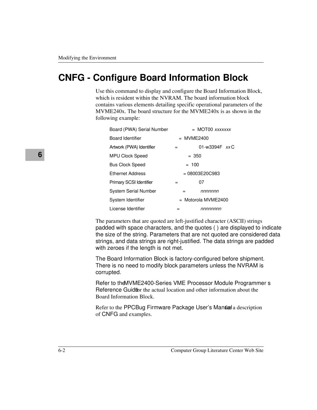 Motorola MVME2400 manual Cnfg Configure Board Information Block 