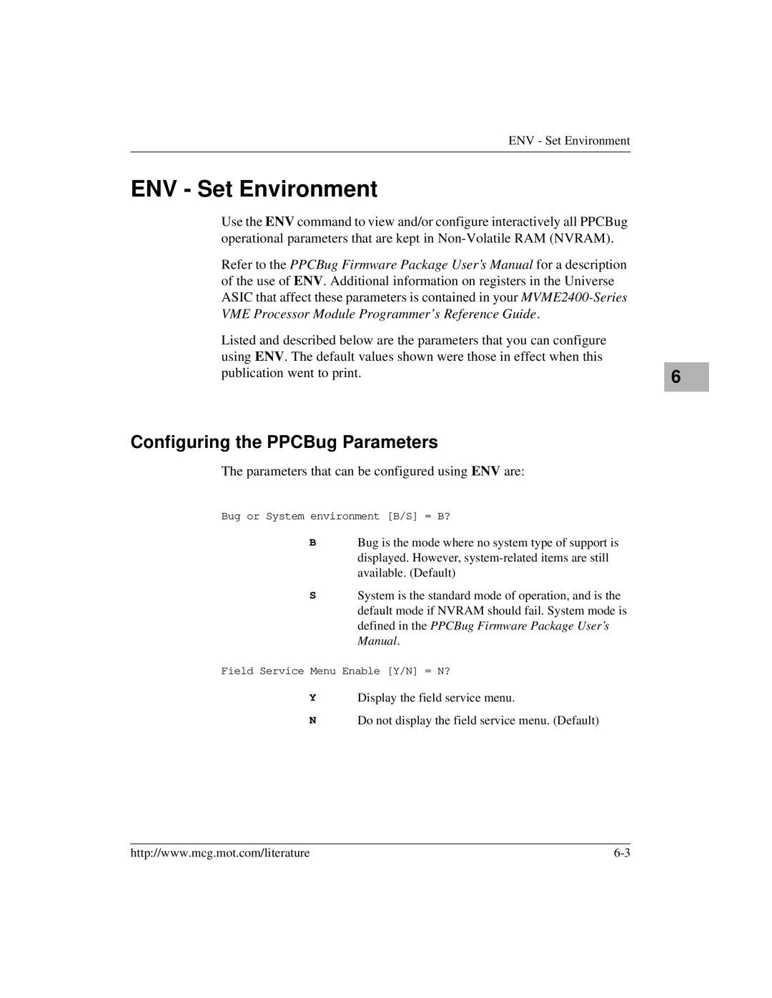 Motorola MVME2400 manual ENV Set Environment, Configuring the PPCBug Parameters 