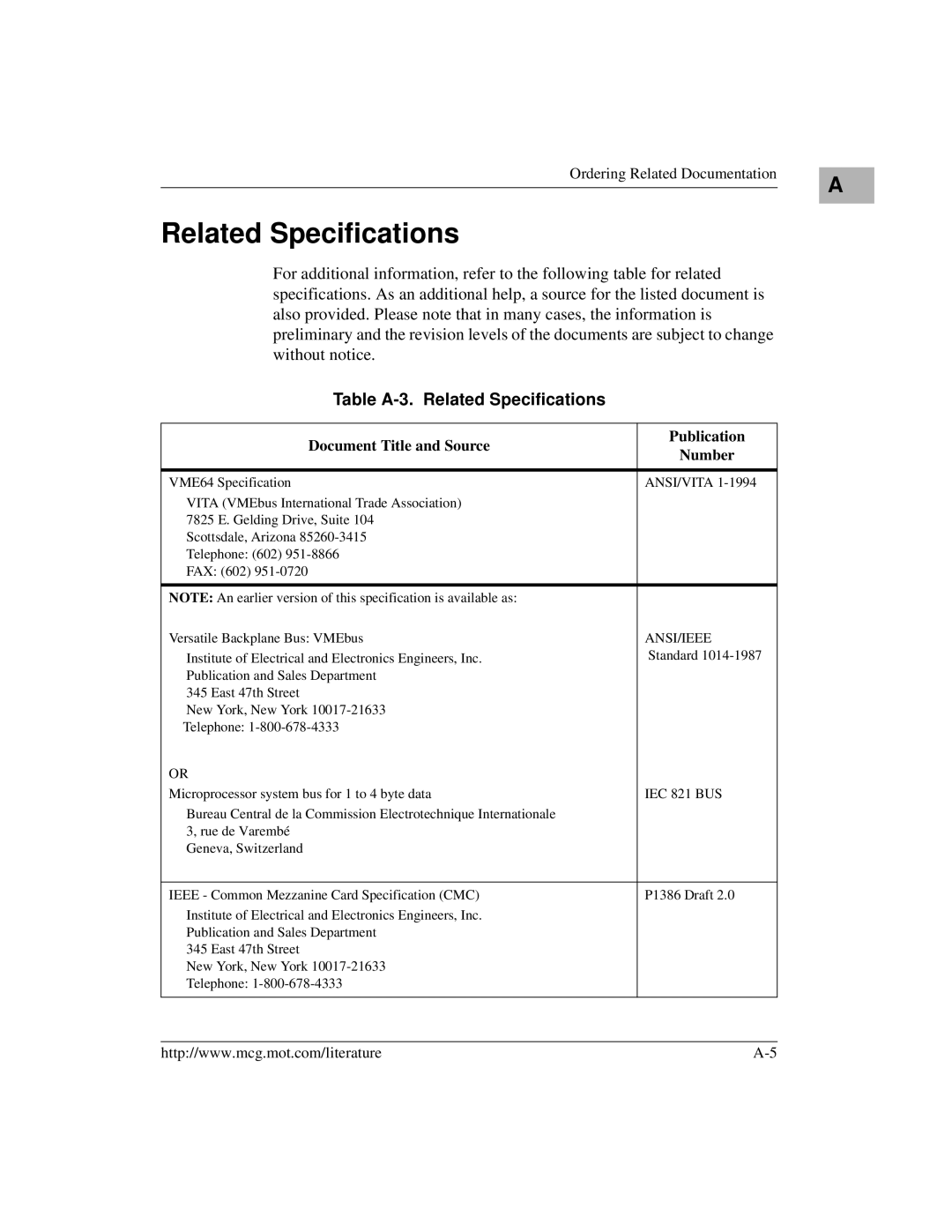 Motorola MVME2400 manual Table A-3. Related Specifications 